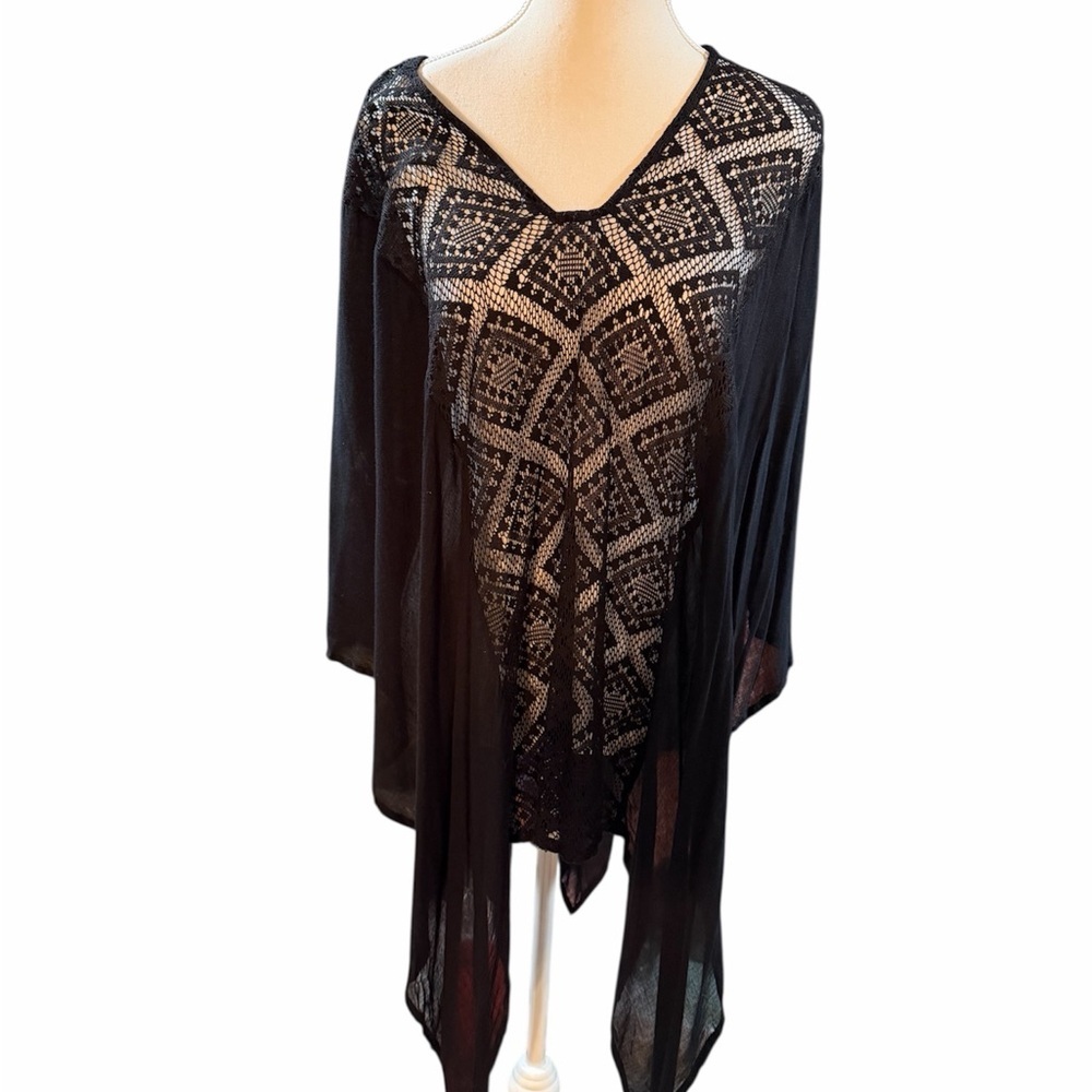Cejon Black Lace Inserts Lagenlook Art Fine Poncho Tunic/Coverup Top